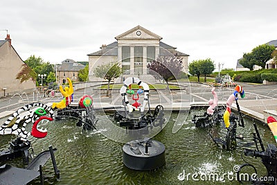 modern fountain in front of town hall, Chateau-Chinon, Burgundy Editorial Stock Photo