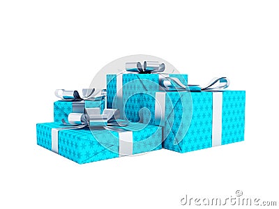 Modern four blue gifts tied on bow 3d render on white background no shadow Stock Photo