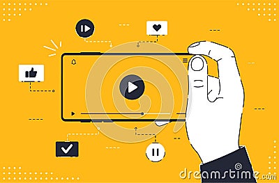 Modern frameless smartphone with video player on screen. Mobile streaming, cinema, movies, education, live podcast, mobile video. Vector Illustration