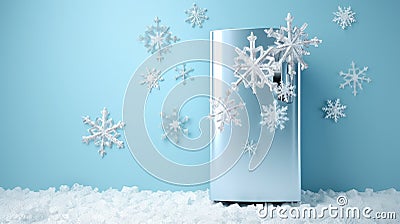 modern fridge and flying snowflake on light blue background Stock Photo