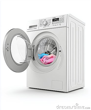 modern front loading washing machine with open door, showcasing colorful laundry inside. sleek design and user friendly controls Stock Photo