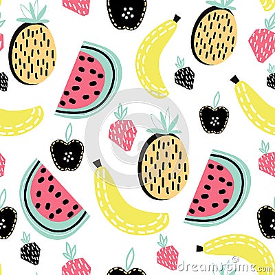 Modern fruit seamless pattern. Great for kids fabric, textile, etc. Vector Illustration. Vector Illustration