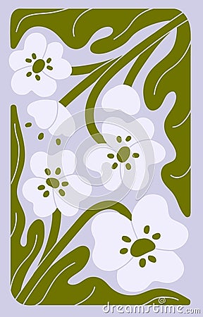 Modern funky floral poster for interior decoration. Groovy meadow flower on wall art, vintage vertical botanical card Vector Illustration