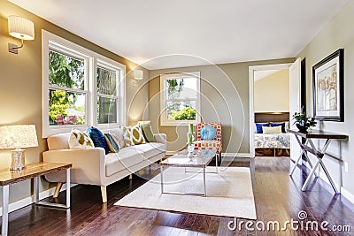 Modern furnished living room interior with hardwood floor Stock Photo