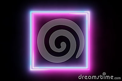 Modern futuristic abstract blue, red and pink neon glowing light square double frame design in dark room background Cartoon Illustration