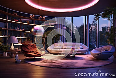 Modern and futuristic apartment interior house room and furniture with lights effects Stock Photo