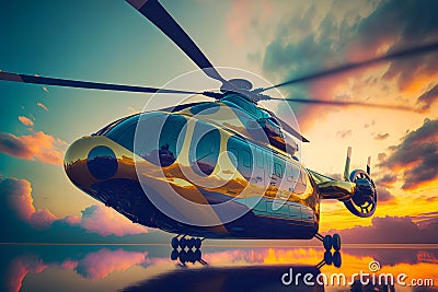 Modern futuristic army helicopter transport in city center. Neural network generated art Stock Photo