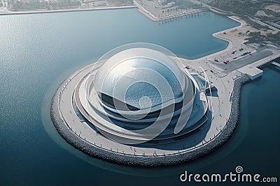 Modern futuristic concert hall, ocean academia, fluid organic forms, AI generative aerial shot Stock Photo