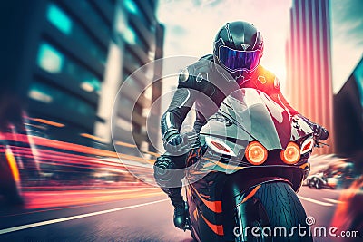 Modern futuristic fast sport bike with biker in city center. Neural network generated art Stock Photo