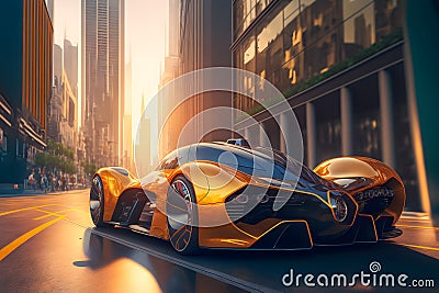 Modern futuristic fast sport car in city center. Neural network generated art Stock Photo