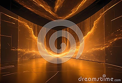 A modern, futuristic gallery space with walls illuminated by large screens displaying abstract, glowing patterns. The Vector Illustration
