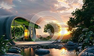 Modern futuristic home garden at sunset, modern future home design, generated ai Stock Photo