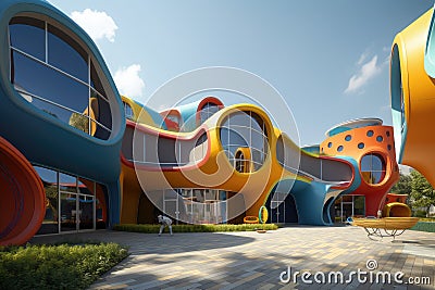 modern, futuristic-style kindergarten exterior, designed to blend into its natural surroundings and offer a visually Stock Photo