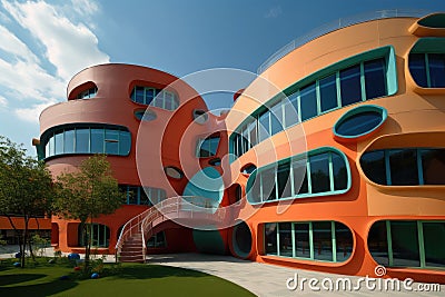 modern, futuristic-style kindergarten exterior, designed to blend into its natural surroundings and offer a visually Stock Photo