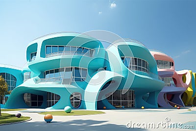 modern, futuristic-style kindergarten exterior, designed to blend into its natural surroundings and offer a visually Stock Photo
