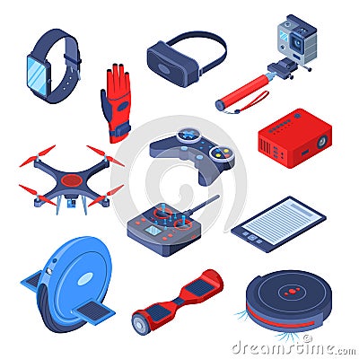 Modern gadgets, devices vector 3d isometric icons set. Virtual reality, robots, smart future technologies concept Vector Illustration