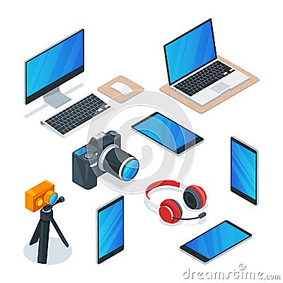 Modern gadgets, multimedia, technology and electronics symbols. Vector isometric 3d isolated icons set Vector Illustration