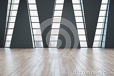 Modern gallery interior with abstract windows, city view and wooden flooring with reflections. Stock Photo