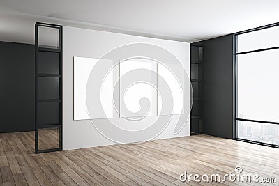 Modern gallery interior with three blank banners Stock Photo