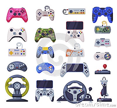 Modern Game Console Controllers Collection, Video Game Players Accessory Devices Cartoon Vector Illustration Vector Illustration