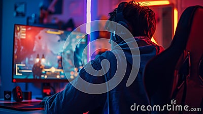 Modern Gaming Lifestyle Captured: Teen in Neon Glow During Intense Gaming Stock Photo