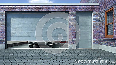 Modern garage with open sectional gate. Cartoon Illustration