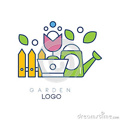 Modern garden logo template with little fence, flower in pot and watering can. Simple hobby icon. Linear vector emblem Vector Illustration