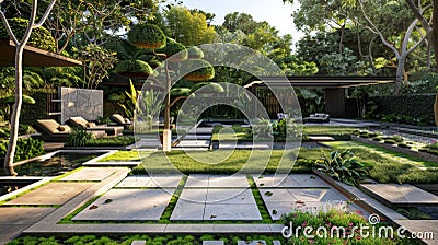 A modern garden with a series of intersecting rectangles creating a dynamic and structured layout Stock Photo