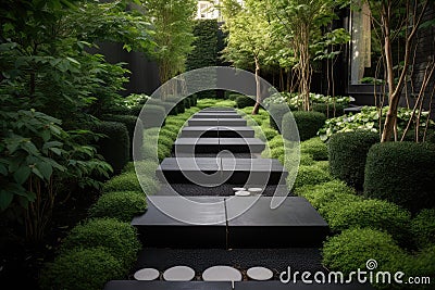 modern garden with sleek, minimalist design, featuring metal pathways and black stepping stones Stock Photo