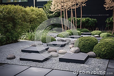 modern garden with sleek, minimalist design, featuring metal pathways and black stepping stones Stock Photo