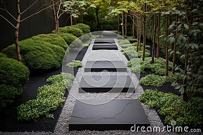 modern garden with sleek, minimalist design, featuring metal pathways and black stepping stones Stock Photo