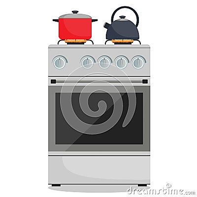 Modern gas stove, pot and kettle on it on flame. Home kitchen stove. Preparing food, cooking. Vector illustration in flat style. Cartoon Illustration