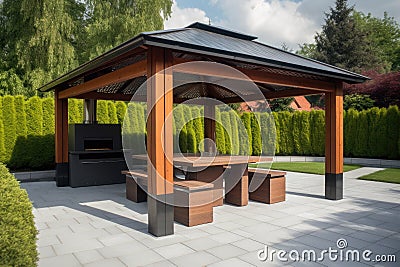 A modern gazebo with a barbecue area for relaxation. Generative AI Stock Photo