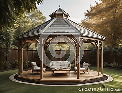 modern gazebo design with brown color and equipped with sitting chairs and table Stock Photo