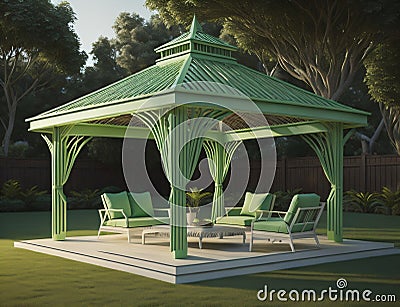modern gazebo design with green color and equipped with sitting chairs and table Stock Photo