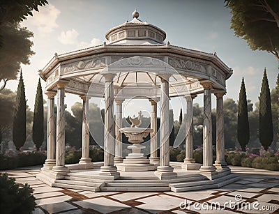 modern gazebo design with a round shape and equipped with a bird statue in the middle Stock Photo