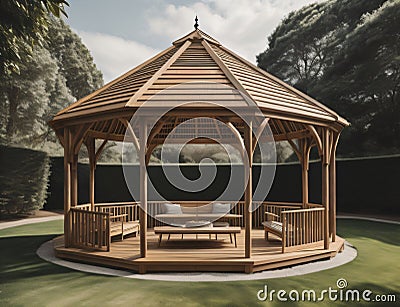 modern gazebo design with a round shape and equipped with sitting chairs and a table Stock Photo