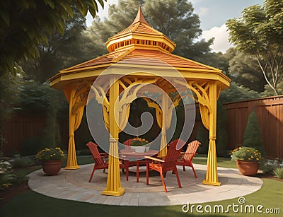 modern gazebo design in yellow and equipped with sitting chairs and a table Stock Photo