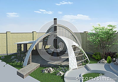 Modern gazebo exterior and alfresco living area, 3D illustration Cartoon Illustration