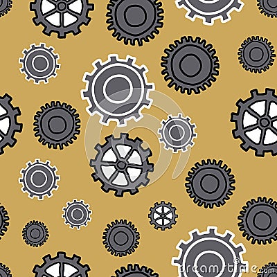 Modern Gears many sizes and styles of gears in blacks grays and yellow, seamless repeat vector Vector Illustration