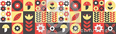 Modern geometric background. Abstract floral poster: leaves, flowers and mushrooms.Bauhaus.Seamless pattern Vector Illustration