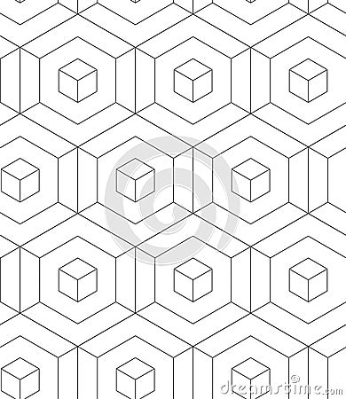 MODERN GEOMETRIC CUBIC SEAMLESS VECTOR PATTERN. CROSSING LINEAR MESH MONOCHROME TEXTURE. HEXAGON POLYGON BACKGROUND Vector Illustration