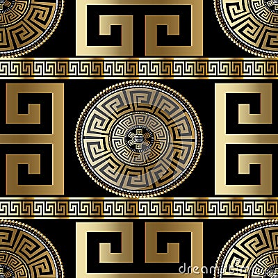 Modern geometric greek seamless pattern. Vector gold meander background. 3d wallpaper with greek key ornament. Ornate fabric Vector Illustration