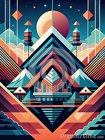 Modern Geometric Mountain Landscape Illustration with Vibrant Colors Vector Stock Photo