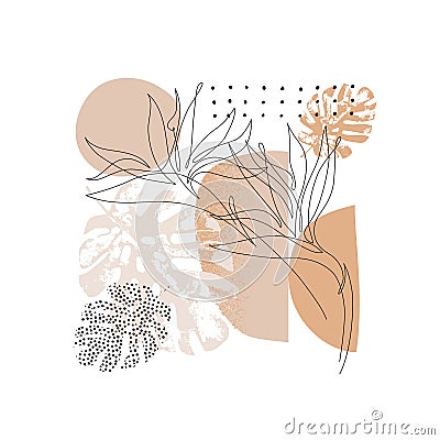 Modern geometric natural rounded shapes, grunge tropical leaf, flower line art, grain texture in 80s, 90s minimal style Vector Illustration