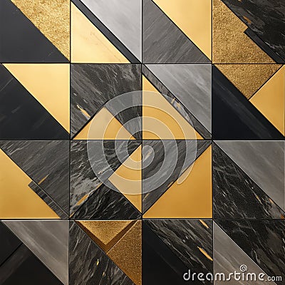 Modern Geometrical Wall Design: Black Marble Tiles With Gold Geometric Tiles Stock Photo