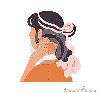 Modern girl profile with coloured dyed hair, strands. Trendy faceless portrait of young fashion woman hiding face Vector Illustration