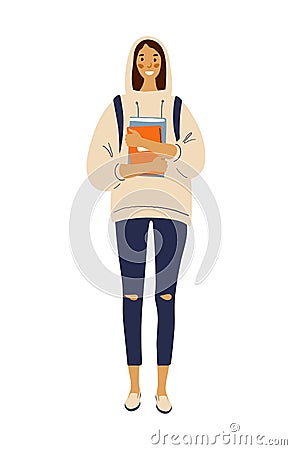 Modern girl student standing with backpack and books. Flat vector female character in hoodie and fashion jeans. Back to Vector Illustration