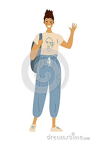 Modern girl student standing with backpack and books. Flat vector female character in hoodie and fashion jeans. Back to school. Cartoon Illustration