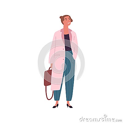 Modern girl in trendy outfit holding briefcase vector flat illustration. Smiling young businesswoman standing put hand Vector Illustration